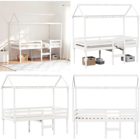 Cama alta con techo blanca madera maciza pino blanca 90x200 cm - Cama con techo - Cama de madera