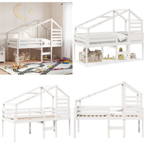 Cama alta con techo blanca madera maciza pino blanca 90x200 cm - Techo de cama - Cama con techo