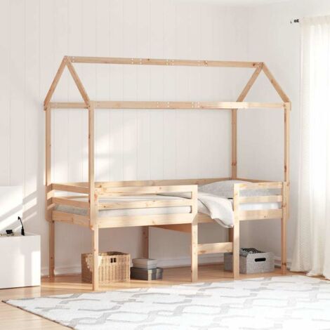 Cama alta con techo madera maciza de pino 80x200 cm