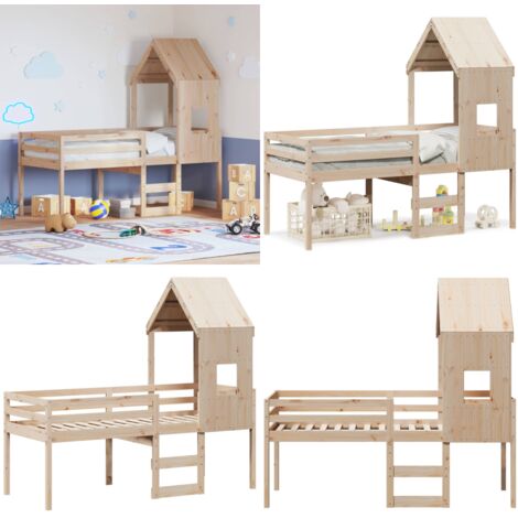 Cama alta con techo madera maciza de pino 80x200 cm - Cama con techo - Cama de niños