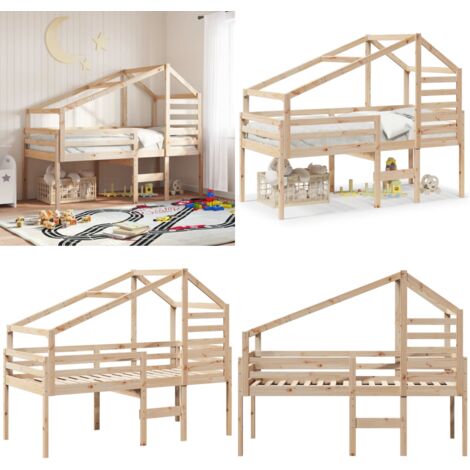 Cama alta con techo madera maciza de pino 80x200 cm - Cama con techo - Cama de niños