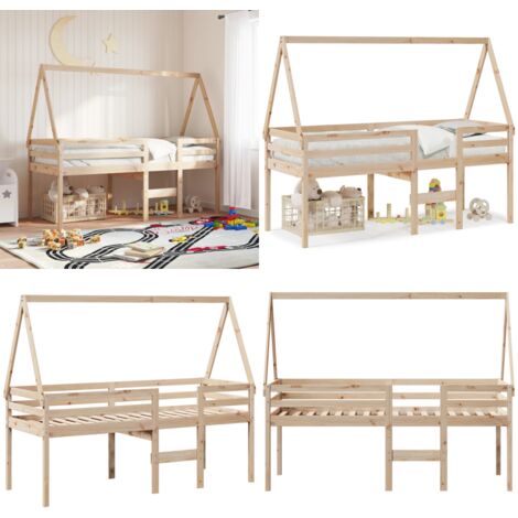 Cama alta con techo madera maciza de pino 80x200 cm - Cama con techo - Cama de pino