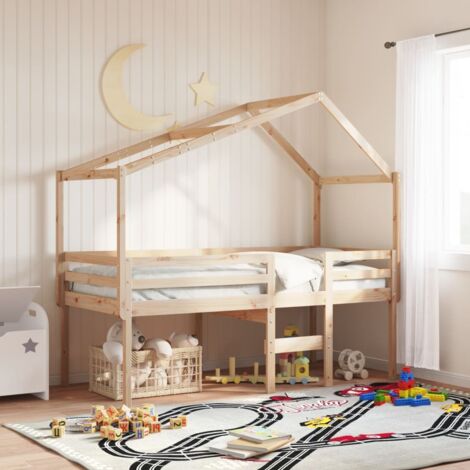 Cama alta con techo madera maciza de pino 90x190 cm