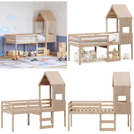 Cama alta con techo madera maciza de pino 90x190 cm - Cama con techo - Cama de niños