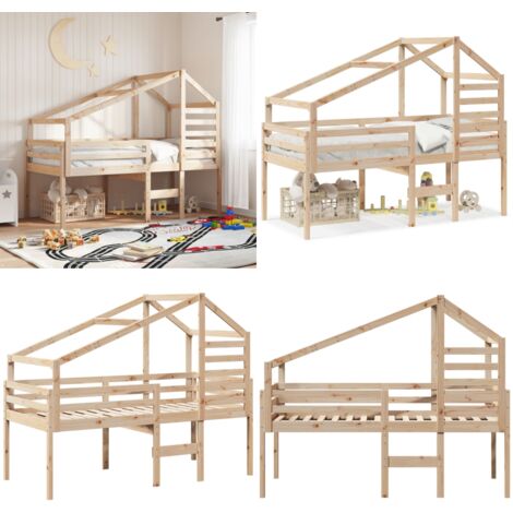 Cama alta con techo madera maciza de pino 90x200 cm - Cama con techo - Cama de pino