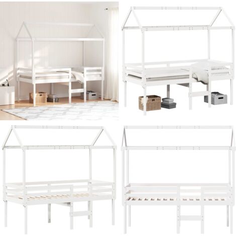 Cama alta con techo madera maciza de pino blanco 80x200 cm - Cama con techo - Cama de madera