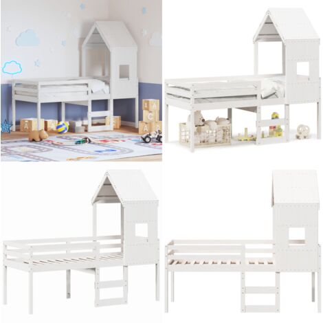 Cama alta con techo madera maciza de pino blanco 80x200 cm - Cama con techo - Cama para niños