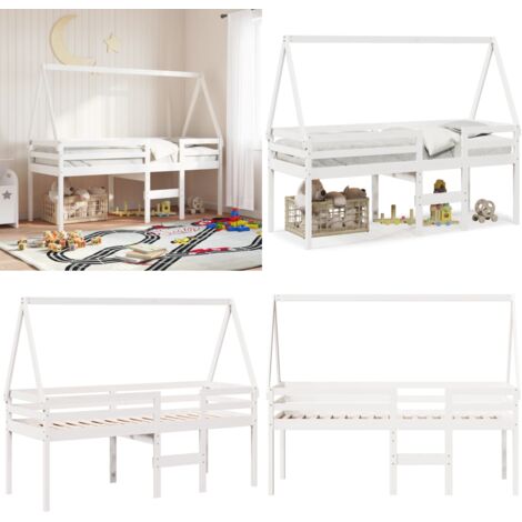 Cama alta con techo madera maciza de pino blanco 80x200 cm - Techo de cama - Cama con techo
