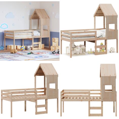 Cama alta con techo madera maciza de pino marrón cera 75x190 cm - Cama con techo - Cama de niños