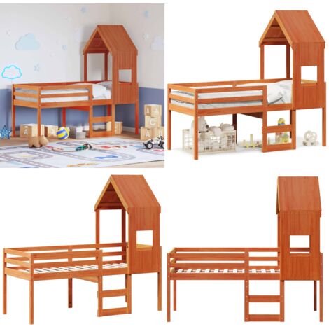 Cama alta con techo madera maciza de pino marrón cera 75x190 cm - Techo de cama - Cama con techo