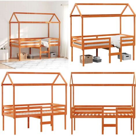 Cama alta con techo madera maciza de pino marrón cera 75x190 cm - Techo de madera - Cama con techo