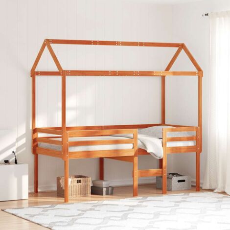 Cama alta con techo madera maciza de pino marrón cera 80x200 cm