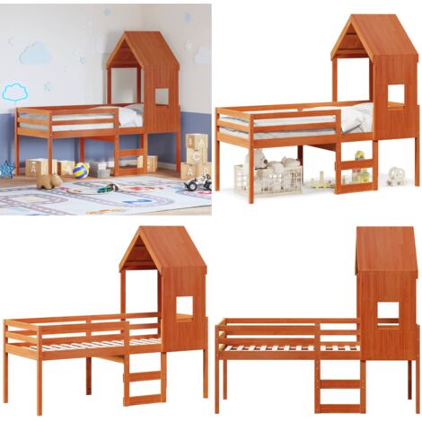 Cama alta con techo madera maciza de pino marrón cera 80x200 cm - Techo de cama - Cama con techo