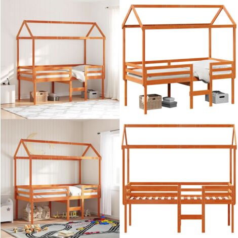 Cama alta con techo madera maciza de pino marrón cera 80x200 cm - Techo de madera - Cama con techo