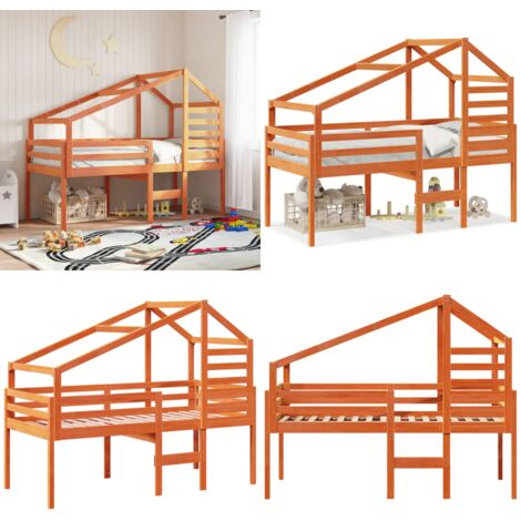 Cama alta con techo madera maciza de pino marrón cera 90x190 cm - Cama con techo - Cama para niños