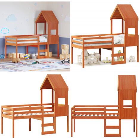 Cama alta con techo madera maciza de pino marrón cera 90x190 cm - Techo de cama - Cama con techo