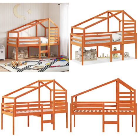 Cama alta con techo madera maciza de pino marrón cera 90x200 cm - Cama con techo - Cama para niños
