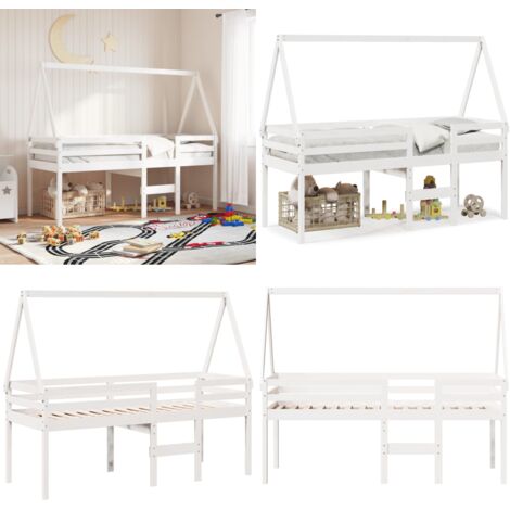 Cama alta con techo madera maciza pino blanca 75x190 cm - Cama con techo - Cama de niños