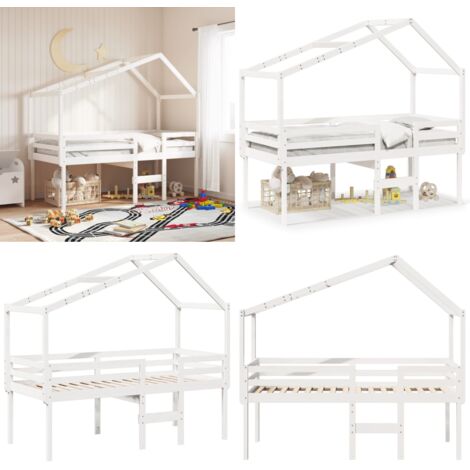 Cama alta con techo madera maciza pino blanca 75x190 cm - Cama con techo - Cama de niños