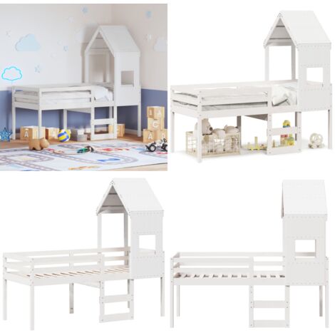 Cama alta con techo madera maciza pino blanca 75x190 cm - Cama con techo - Cama de niños