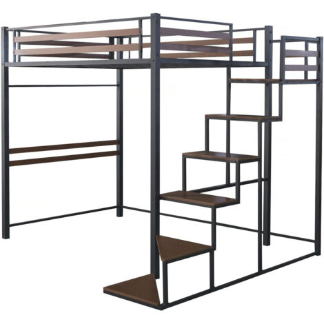HABITAT ET JARDIN Cama alta de metal con escalera "LENA" - 140 x 200 cm - Negro y marrón nogal
