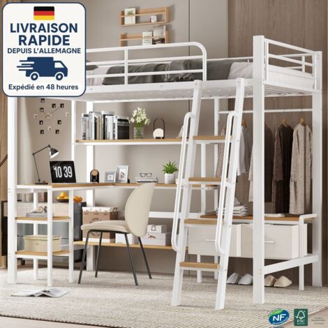 Cama alta de metal y madera de 90x200 cm con escritorio integrado, estantes, 2 cajas de almacenaje de tela y escalera inclinada de 4 peldaños – blanco/natural