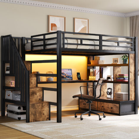 Cama alta de metal y MDF negra 140x200 cm con escritorio, estanterías, 2 cajones, escalera con almacenaje y somier