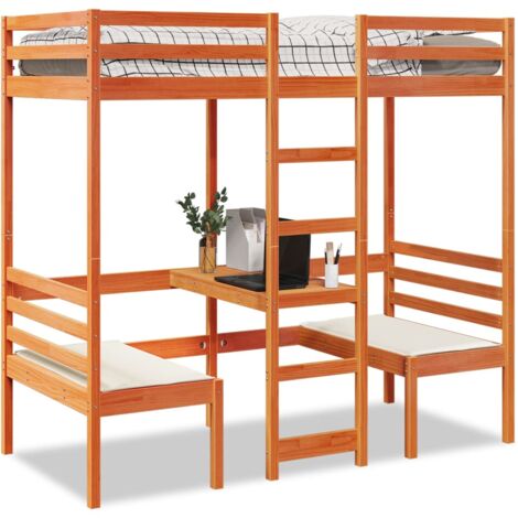 Cama alta escritorio y asientos madera maciza marrón 75x190 cm
