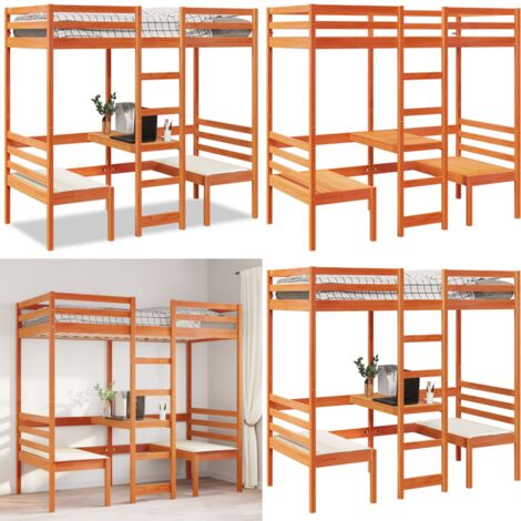 Cama alta escritorio y asientos madera maciza marrón 90x190 cm - Escritorio - Sillas