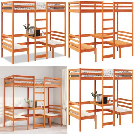 Cama alta escritorio y estantes madera maciza marrón 90x200 cm - Escritorio - Sillas