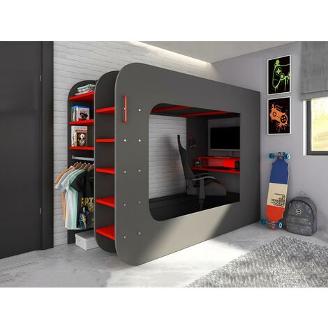 Cama alta gamer 90 x 200 cm - Con escritorio y compartimentos - Con LEDs - Antracita y rojo - WARRIOR - Venta-unica - Gris antracita