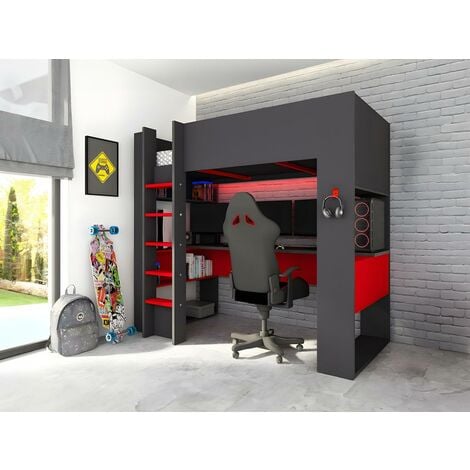 Cama alta gamer NOAH con escritorio y compartimentos - 90 x 200 cm - Con LEDs - Antracita y rojo - Venta-unica - Gris antracita, Rojo