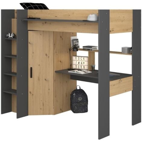 Cama Alta High con Armario y Escritorio en color Roble Artisan y Gris oscuro 90x200 cm