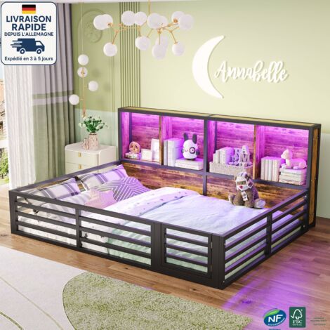 Cama alta infantil 140 x 200 cm - con somier y laterales - Compartimento de almacenaje en el lateral de la cama - Luces LED con mando a distancia - Madera con certificación PEFC - Estilo sencillo - Co
