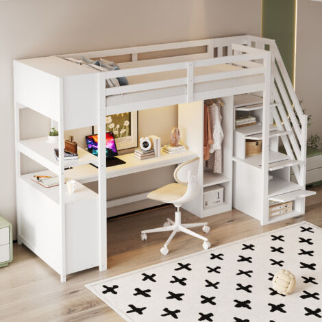 Cama alta infantil (90x200 cm) con escritorio, armario, escalera de almacenaje, iluminación LED y enchufes, madera blanca