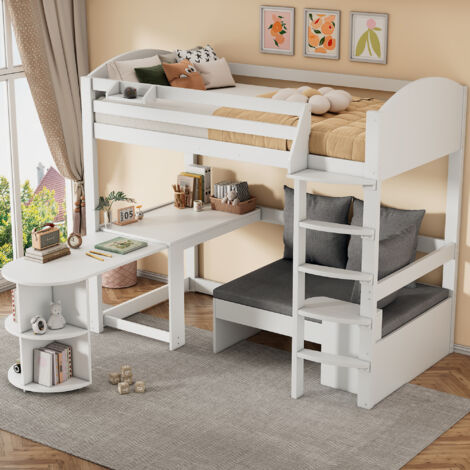 Cama alta infantil 90x200cm con mesa telescópica, múltiples compartimentos de almacenaje, con 3 cojines, sin colchón, madera, blanco