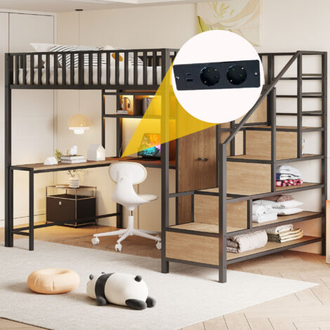 Cama alta infantil/adulta de 140x200 cm con escritorio, armario, espacio de almacenamiento, luz LED + USB/Tipo-C, metal negro