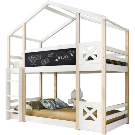 Cama alta infantil de 90 x 200 cm, blanca, con escalera y barandilla de seguridad envolvente (sin colchón)