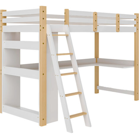 Cama alta infantil de 90 x 200 cm, cama familiar multifuncional en blanco, cama infantil con escalera inclinada, escritorio y estante integrados, litera de madera maciza.