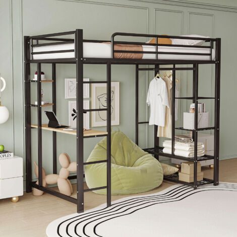 Cama alta infantil de 90×200 cm, con mesa y estante de almacenaje, sin colchón, de metal, color negro
