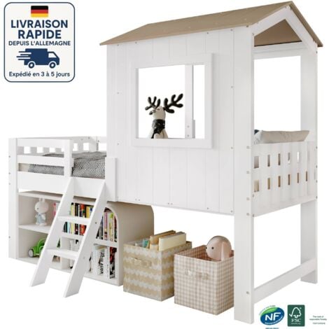 MODFU Cama alta infantil de madera 90x200 - Cama alta sencilla y clásica - Con techo y ventanas - Madera con certificación PEFC - Color blanco y natural
