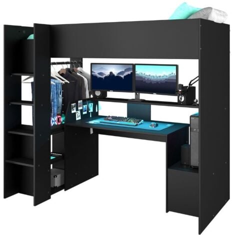 Cama Alta Juvenil TexGen LED con Escritorio y Perchero Color Negro Stipple 204X180X116 Cm Dormitorio Moderno