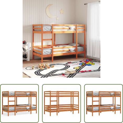 Cama alta -  Litera de madera maciza de pino marrón cera 90x200 cm