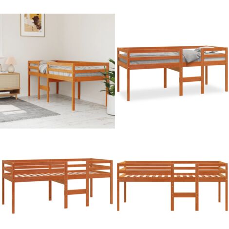 Cama alta madera maciza de pino marrón cera 90x190 cm - Madera maciza - Pino