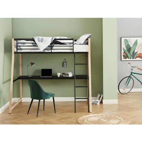 Cama alta MALICIA - 90 x 190 cm - escritorio - Negro y roble + colchón - Venta-unica - Negro, Color natural claro