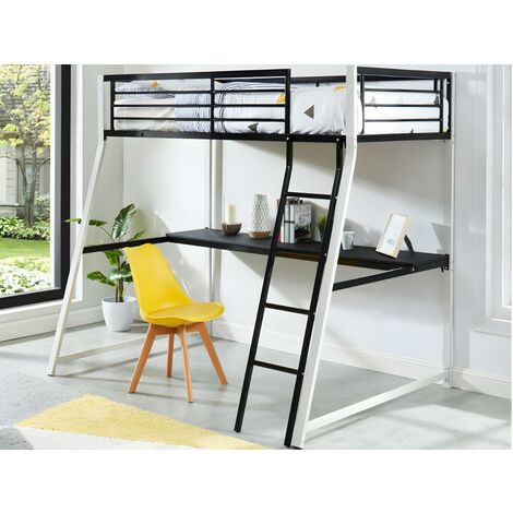 Cama alta MALICIA - cama 90x190cm - escritorio integrado - Color negro y blanco + colchón - Venta-unica - Negro, Blanco