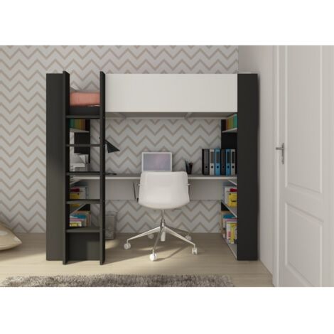 Cama alta Murphy para niño Negro grafito y Blanco mate con escritorio Blanco y Negro