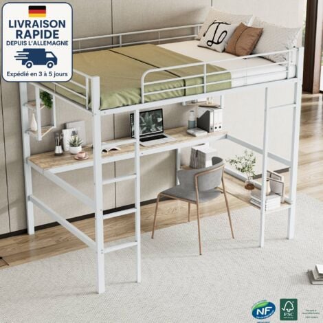 MODFU Cama alta para adultos 140x200 cm con 4 estantes de almacenaje y 1 escritorio, metal, blanco