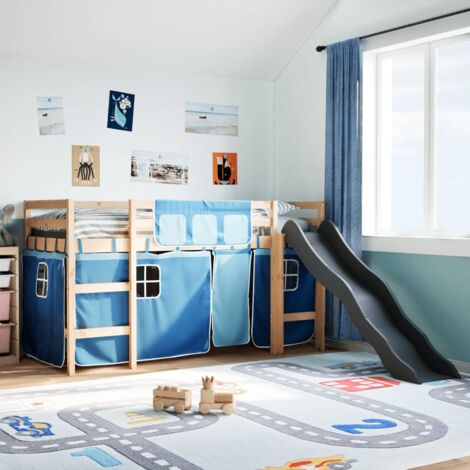 TORANA Cama alta para niños con cortinas madera pino azul 90x190 cm