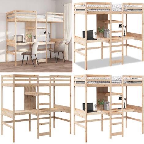 Cama alta sin colchón madera maciza de pino 75x190 cm - Cama de madera - Cama con escritorio